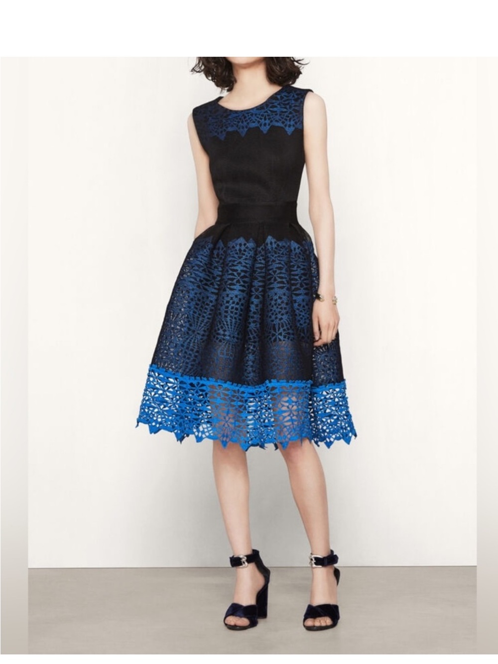 Maje Black and Blue Lace Midi Dress